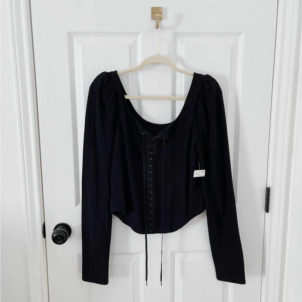 NWT Free People Black Long Sleeve Lace Up Top
